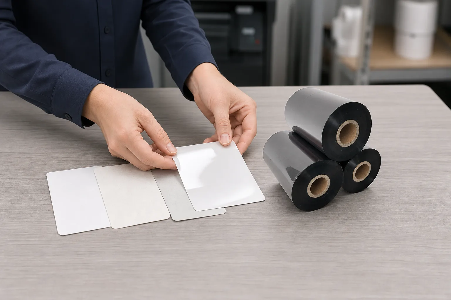 Hands arrange paper and glossy synthetic label swatches beside a black thermal transfer ribbon roll.