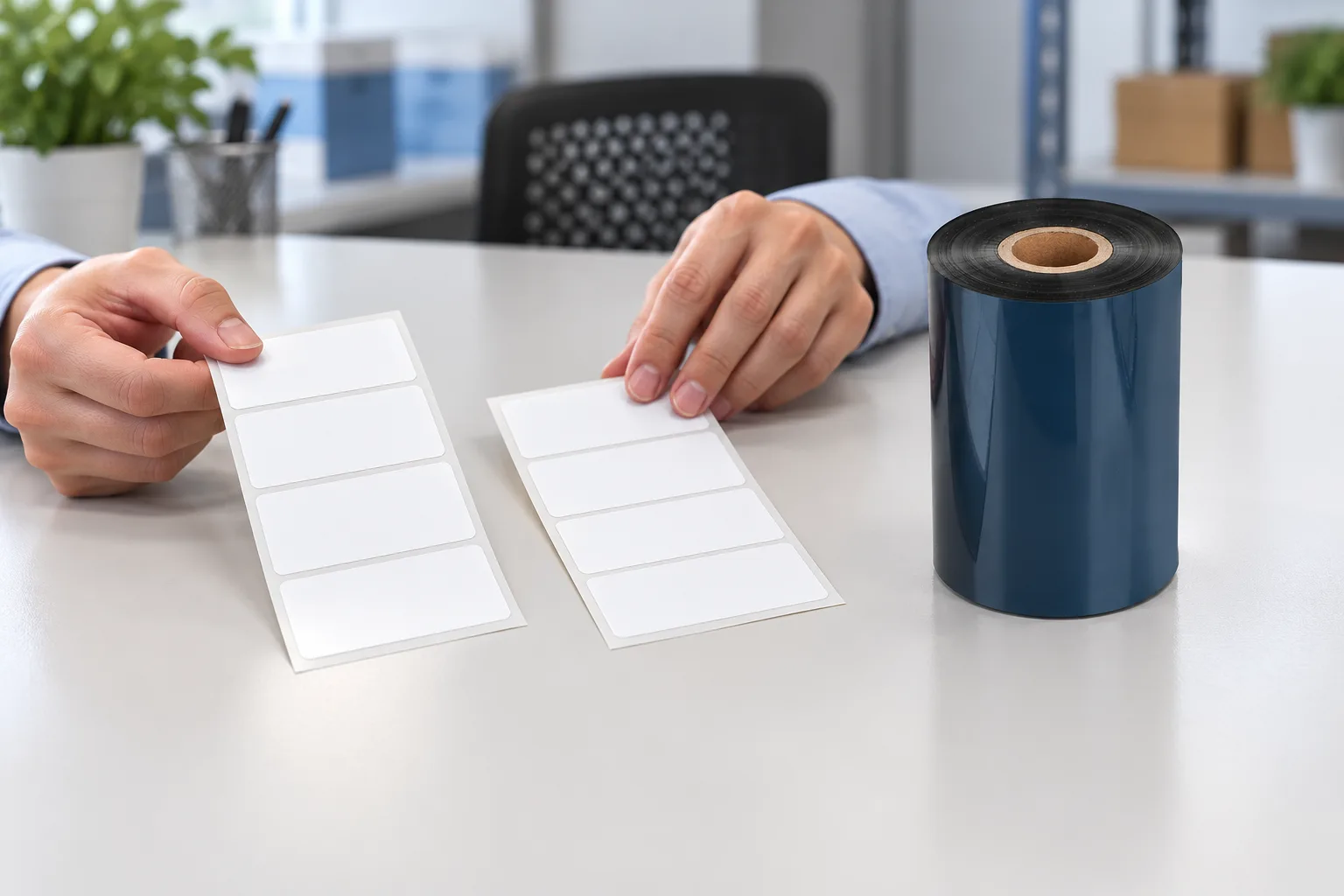 Hands arrange blank label-stock samples beside a black thermal transfer ribbon roll for comparison.