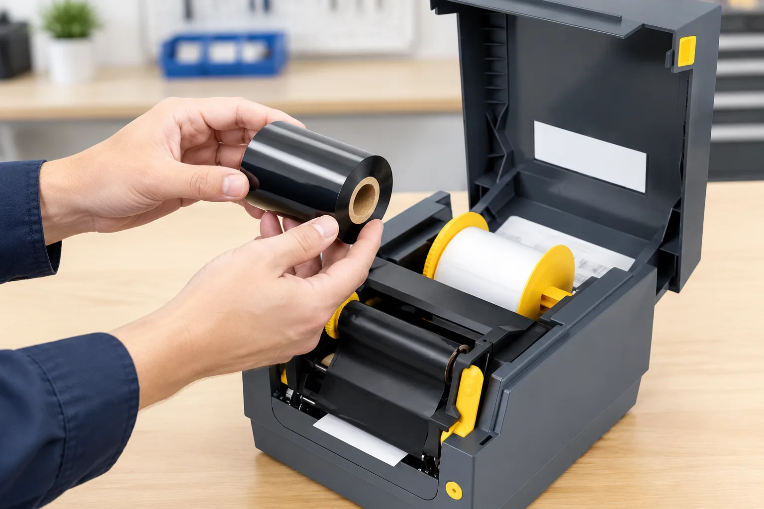 Close-up of hands checking a black ribbon roll above the open media bay of a desktop thermal transfer printer.