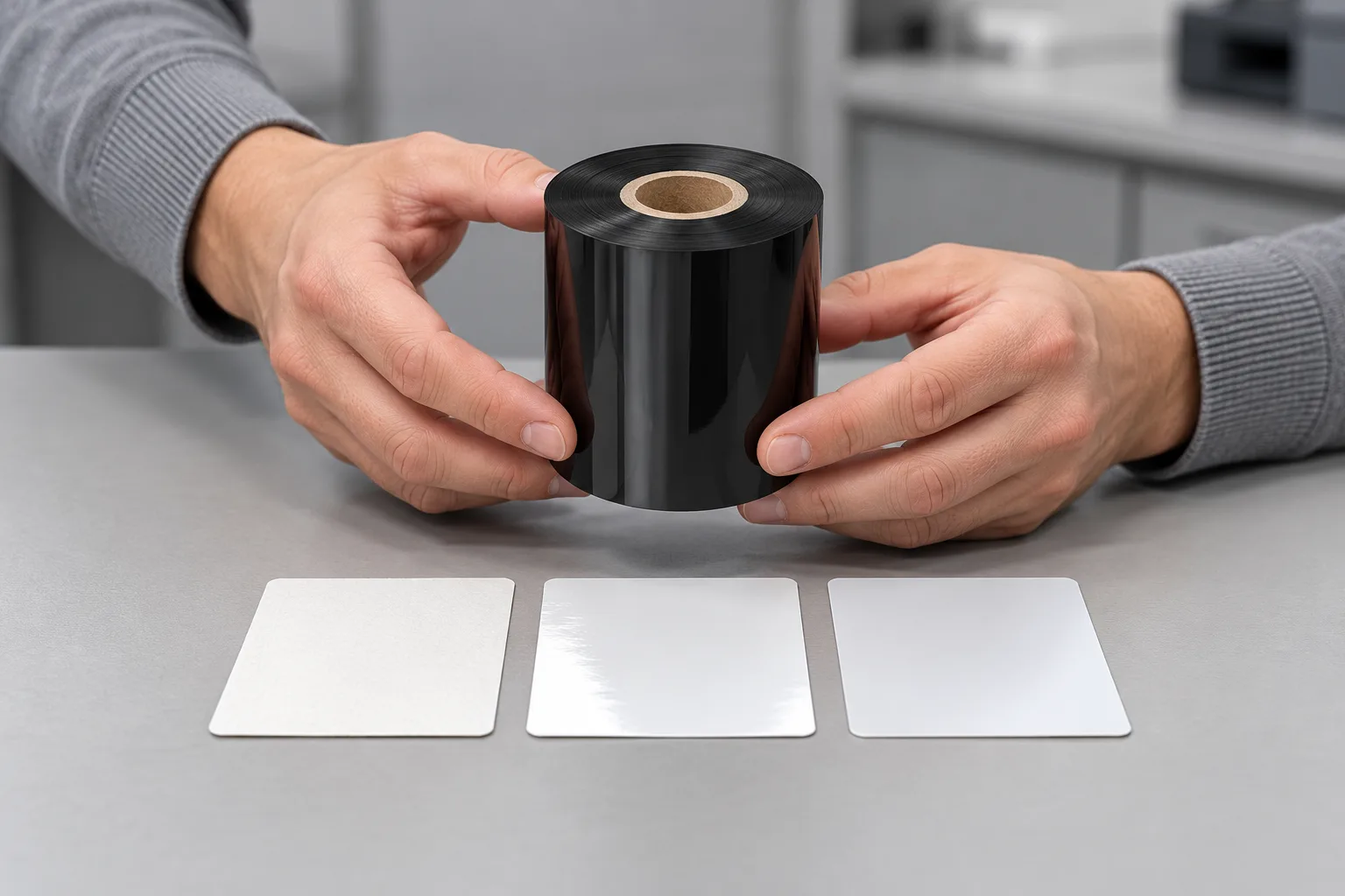 Hands comparing a black thermal transfer ribbon roll with blank label material samples of paper and synthetic film on a workbench