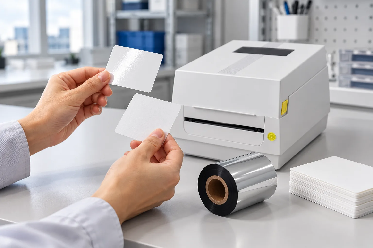 Hands comparing white label stock samples beside a black thermal transfer ribbon roll and a compact desktop label printer