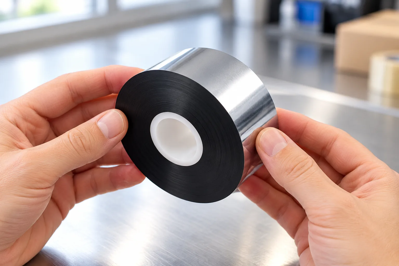 Close-up of hands checking the core, width and carrier film edge of a thermal transfer ribbon roll