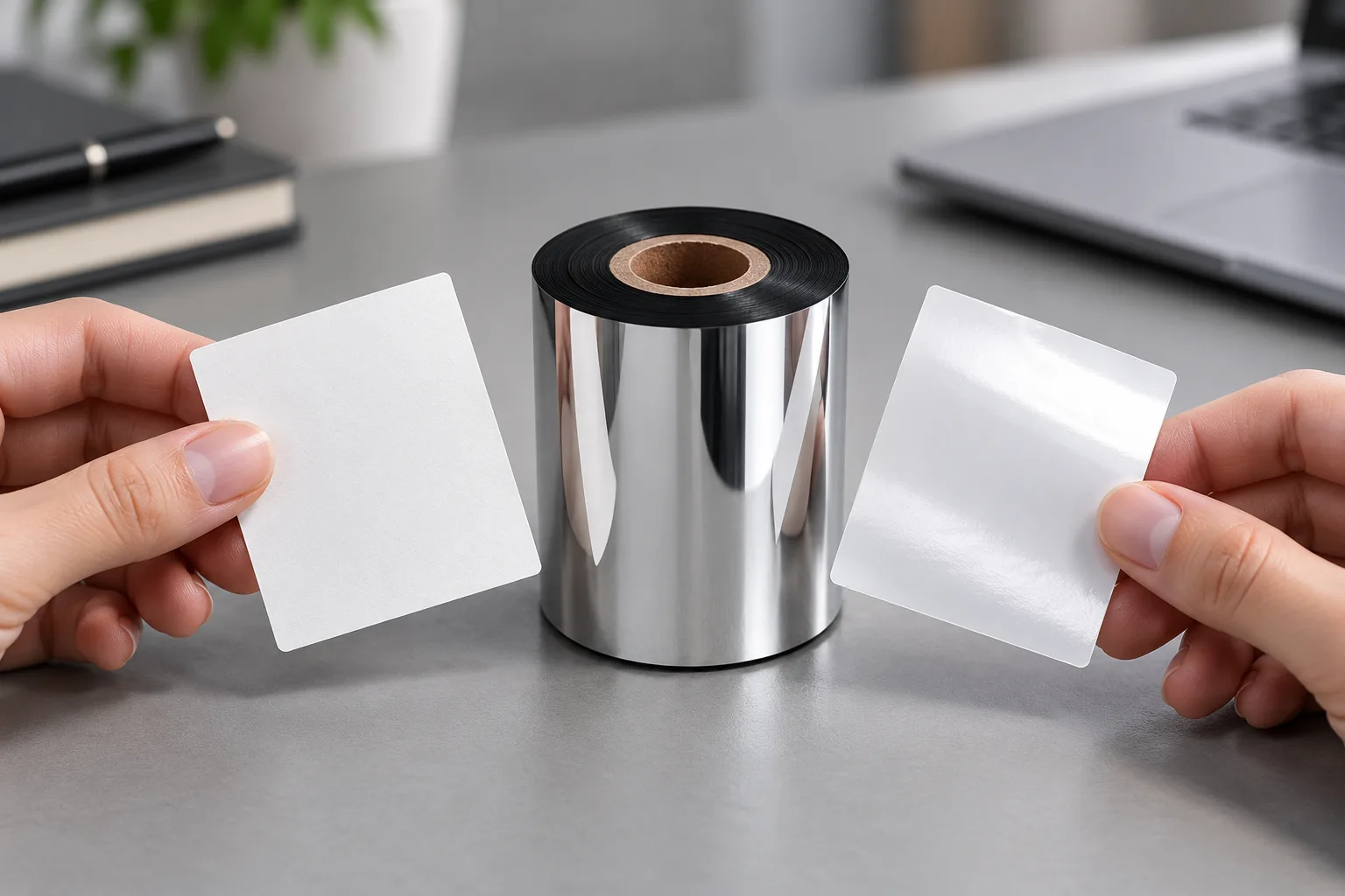 Close-up of a black thermal transfer ribbon roll on its core beside blank paper and synthetic label samples held for comparison on a desk.