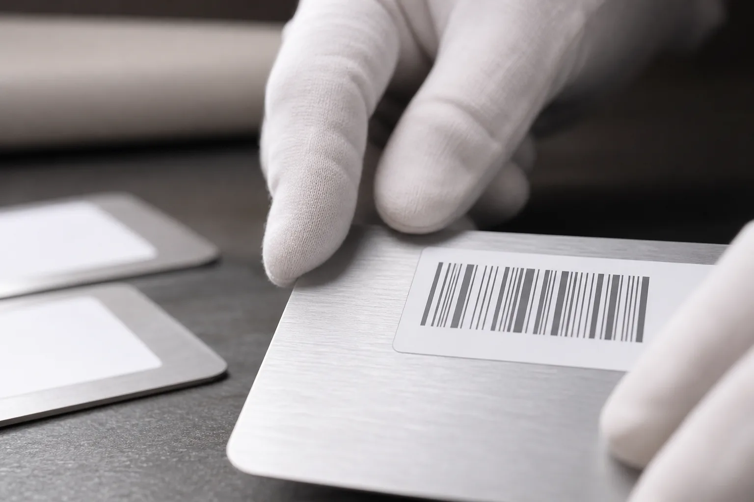 Close-up of gloved fingertips checking the edge of a printed label applied to a brushed aluminum test coupon.