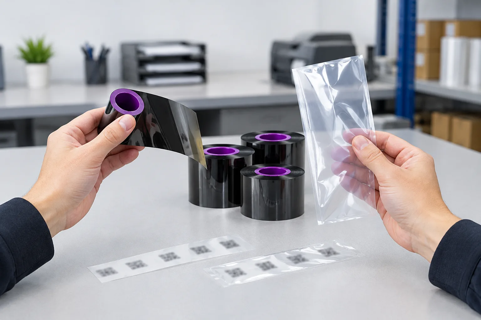 Hands at a workbench holding a strip of black thermal transfer ribbon against a flexible film sample to compare ribbon and substrate, with ribbon rolls and printed film strips nearby