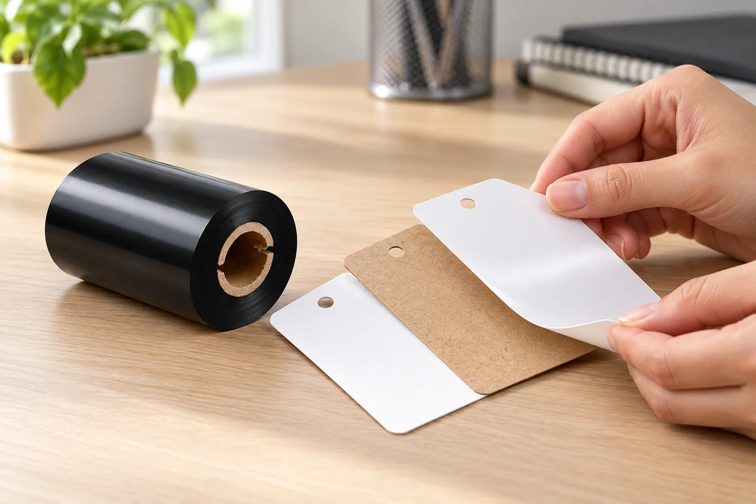 Hands comparing white cardstock, kraft and synthetic hang tag samples on a desk next to a black thermal transfer ribbon roll.