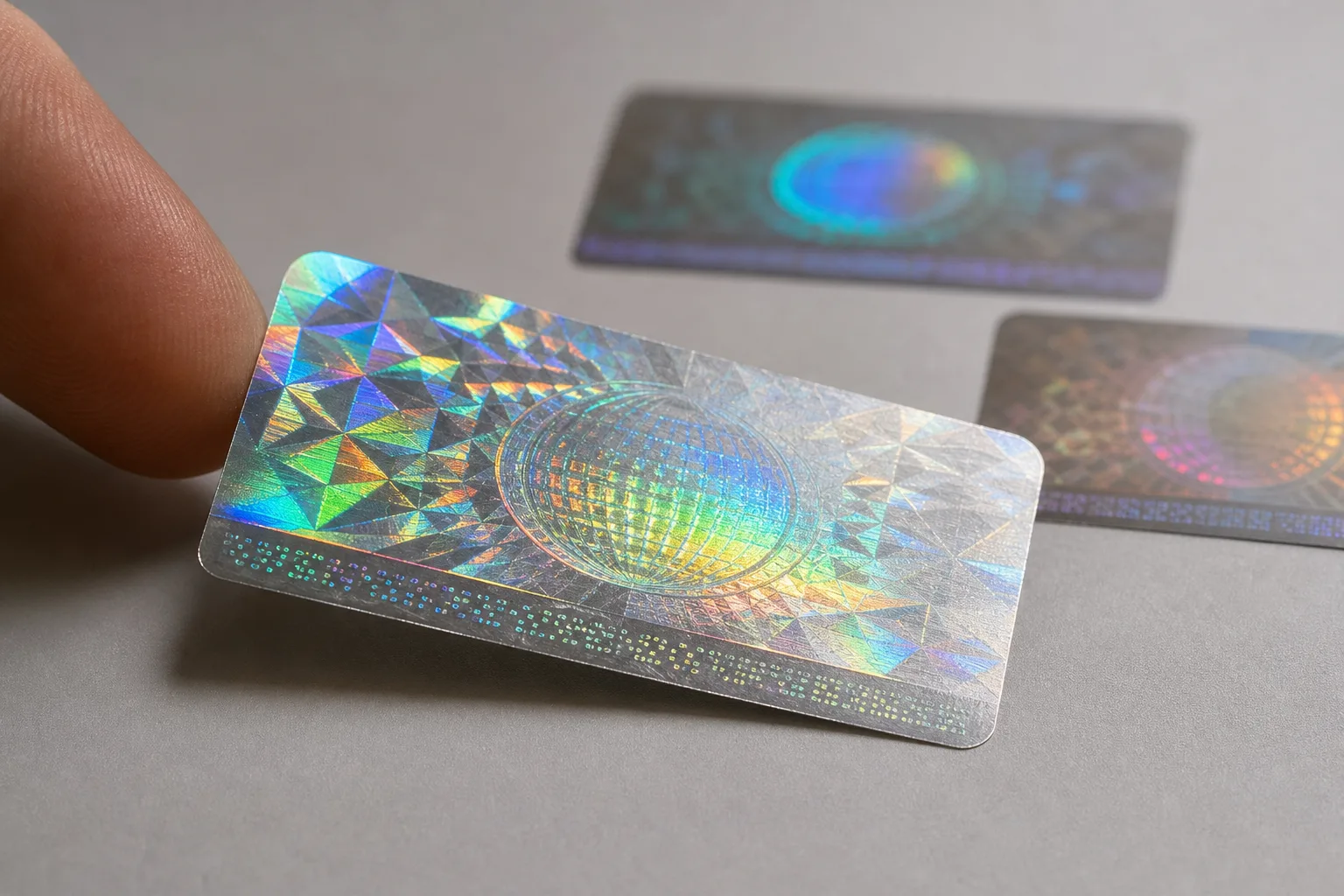 Close-up of a fingertip tilting a hologram label to reveal its iridescent 3D holographic artwork and fine serial-number characters.