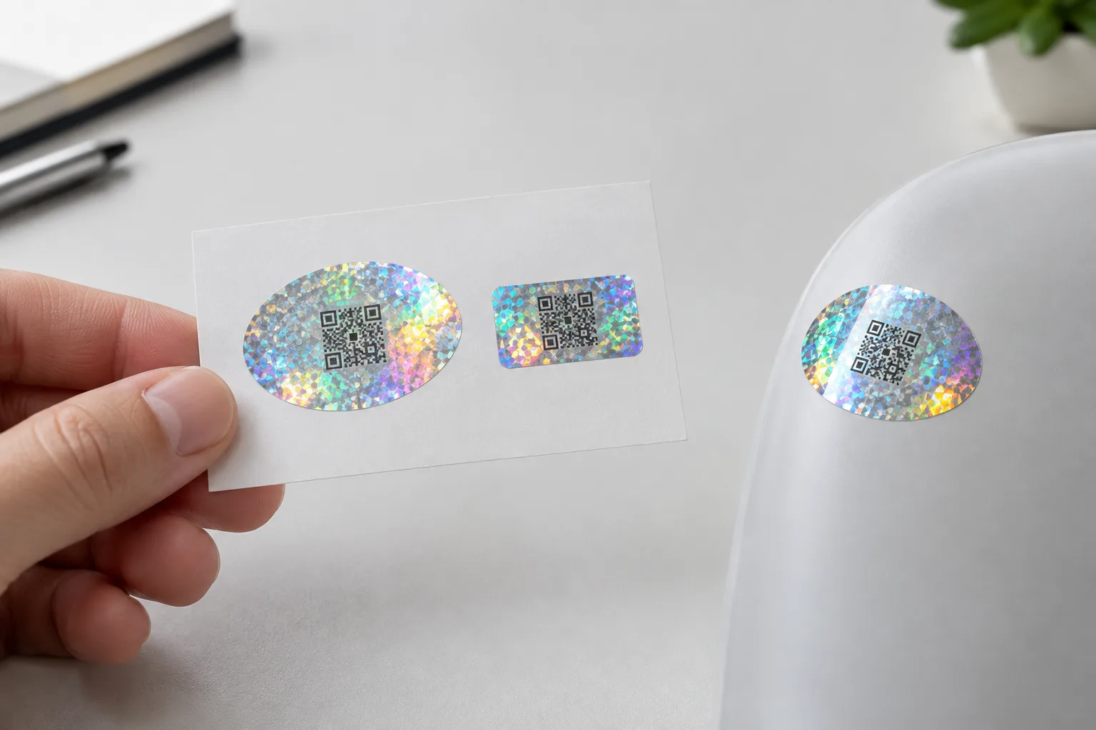 Close-up of silver hologram label samples in oval and rectangular shapes, one bearing a QR code pattern, held beside a curved product surface.