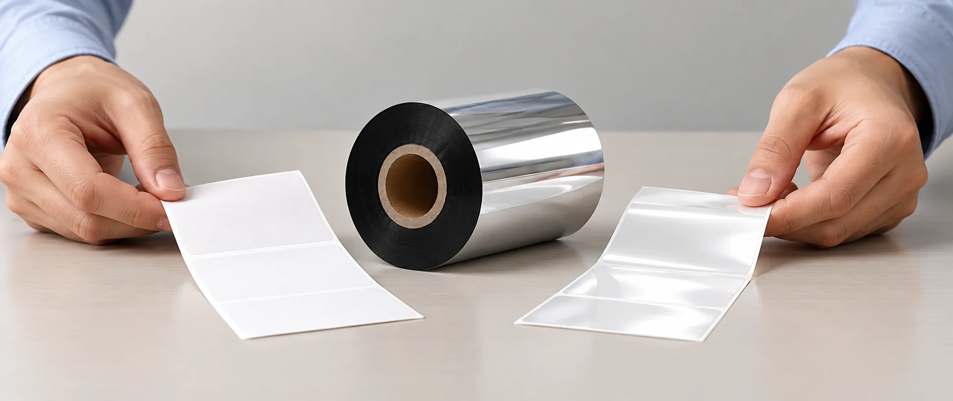Hands arrange paper and synthetic label samples beside a black ribbon roll.
