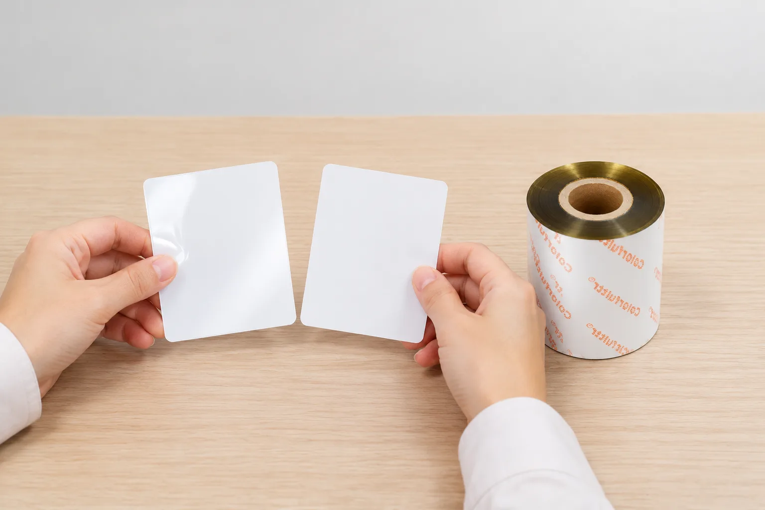 Hands comparing blank paper and film label samples beside a gold thermal transfer ribbon roll.