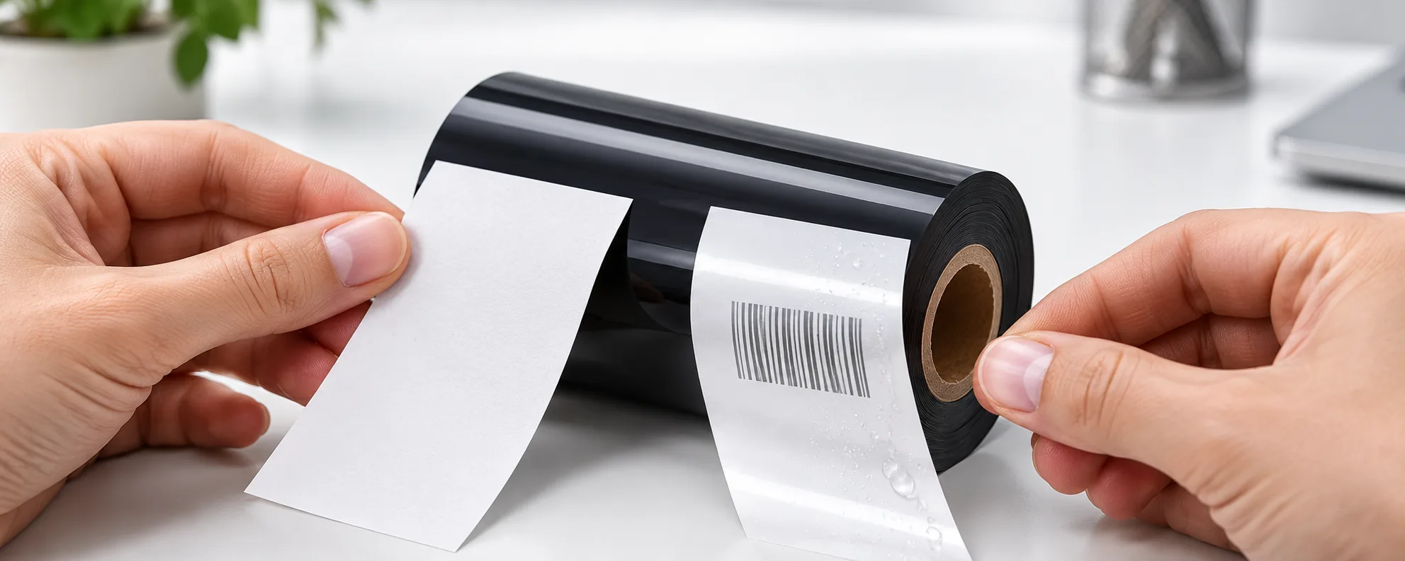 Close-up of a black thermal transfer ribbon roll compared with paper and synthetic label material samples