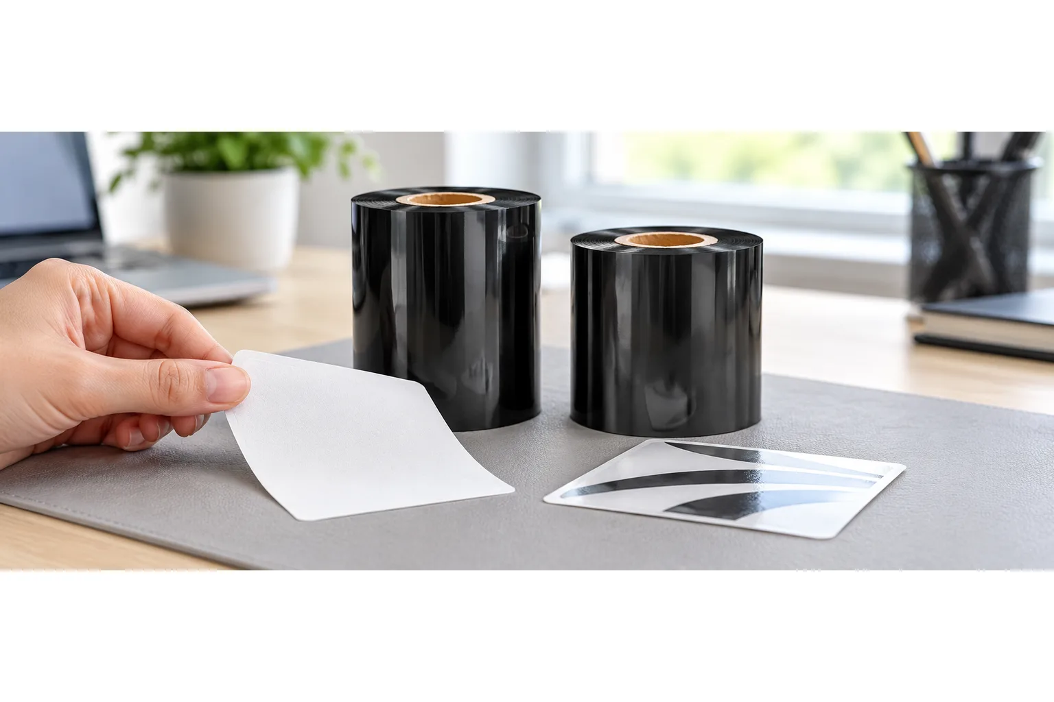 A hand compares a matte paper label sample with a smooth synthetic sample beside two black thermal transfer ribbon rolls on a desk.