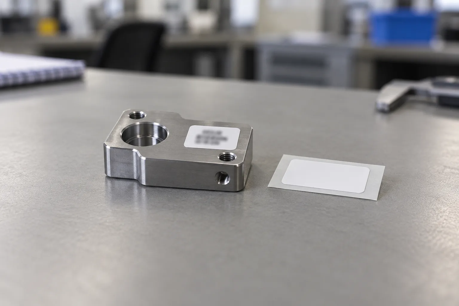 A white identification label on a metal component beside an unused label on its liner.