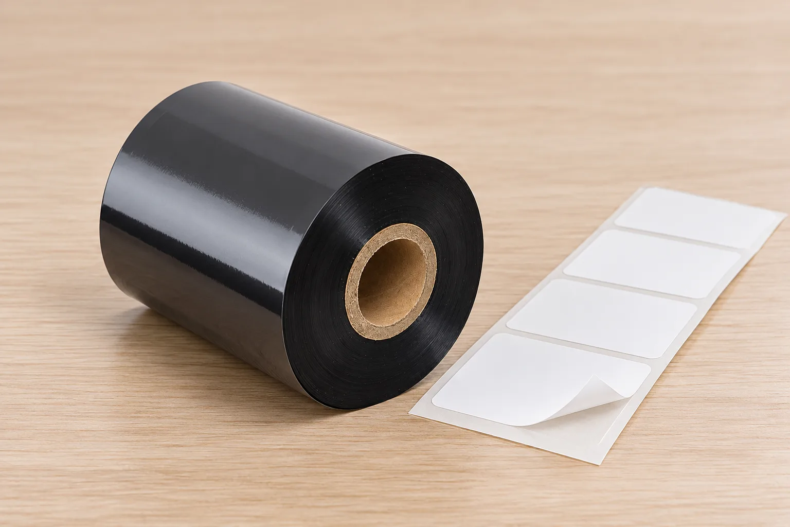 Close-up of a black ribbon roll beside blank die-cut labels with one label corner lifted from its liner.