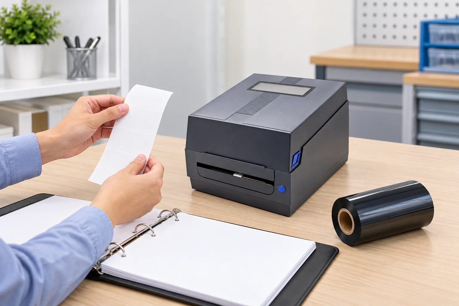 Buyer holding a strip of blank label media in front of a desktop thermal transfer label printer, with a black ribbon roll on its core and an open binder on the desk.